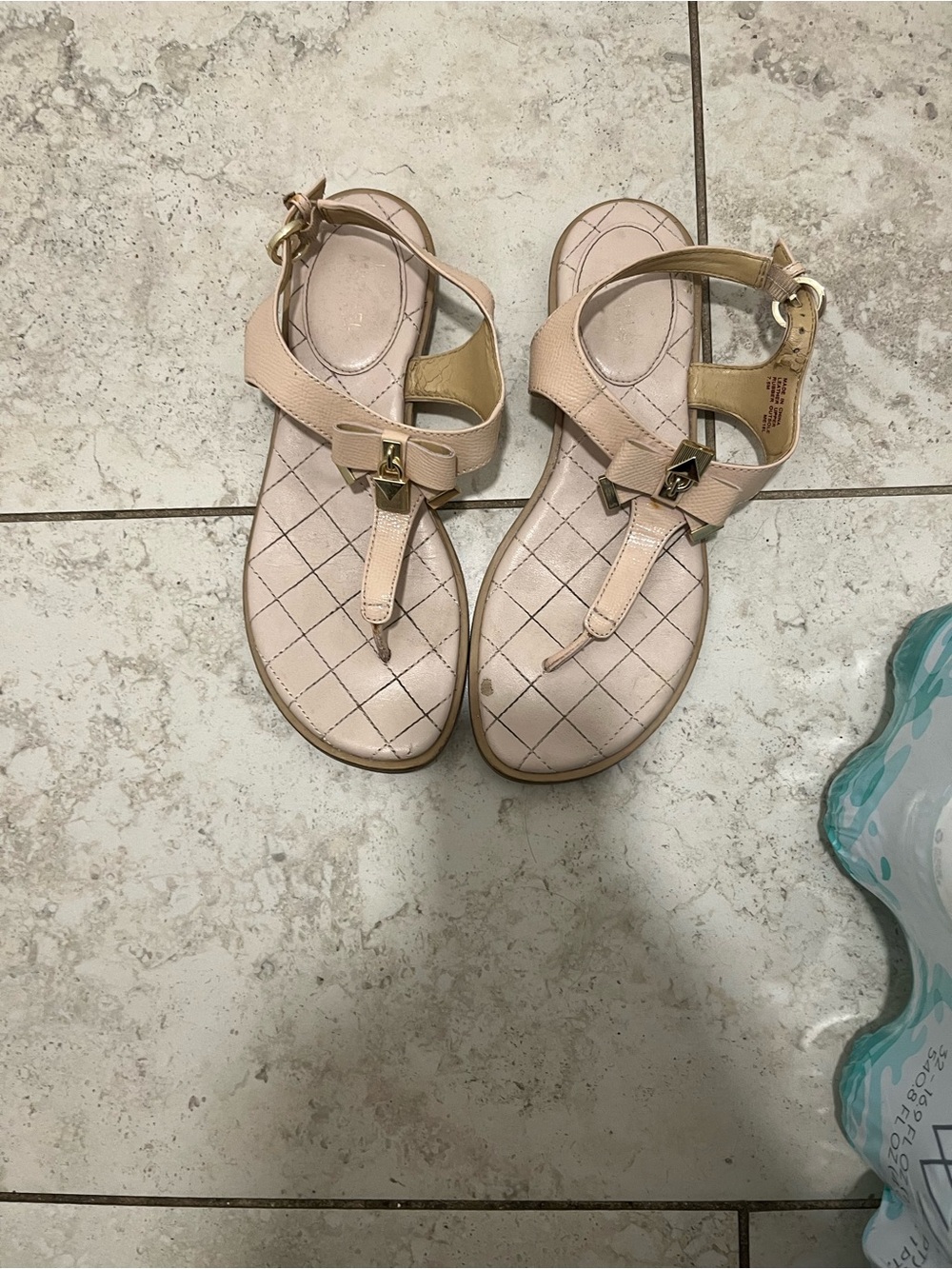 Michael Kors Nude T-Strap Quilted Sandals with Gold Accents